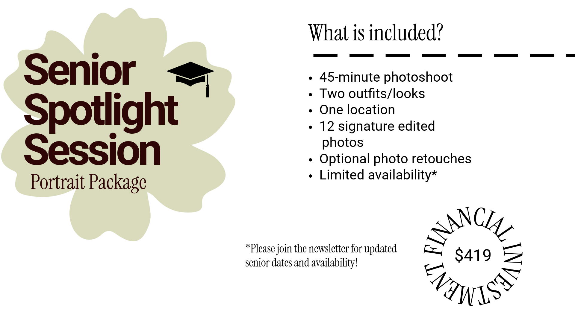 Senior spotlight sessions portrait package details for North Carolina families and graduates looking for information on family photographer sessions in the Charlotte area, Mecklenburg County, Iredell County, Huntersville, Mooresville, and beyond.