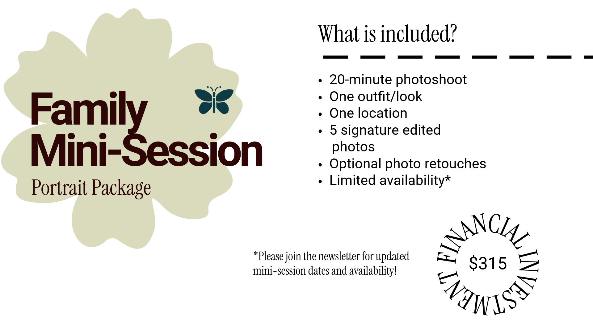 family mini's portrait package details for North Carolina families looking for information on family photographer sessions in the Charlotte area, Mecklenburg County, Iredell County, Huntersville, Mooresville, and beyond.