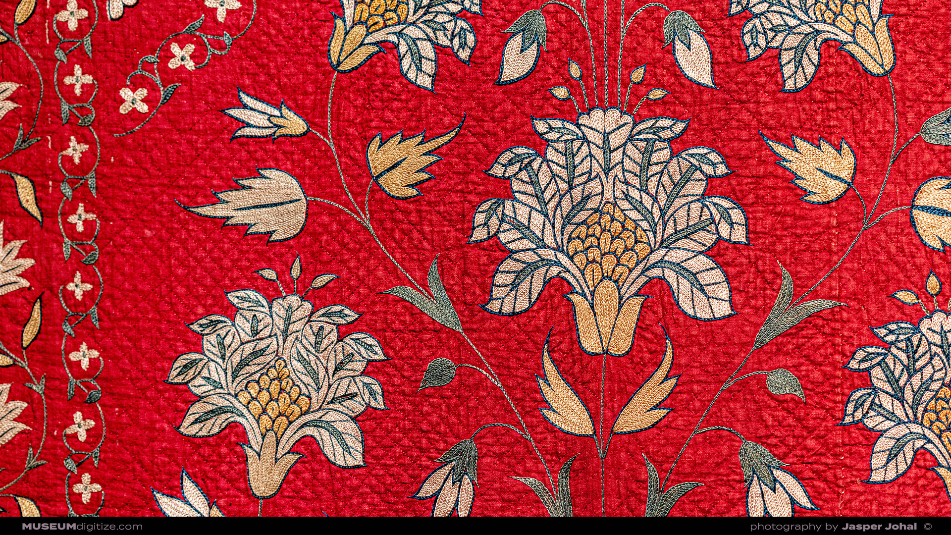 Tent Hanging, India c. 17th–18th century, silk embroidery on red quilted cotton