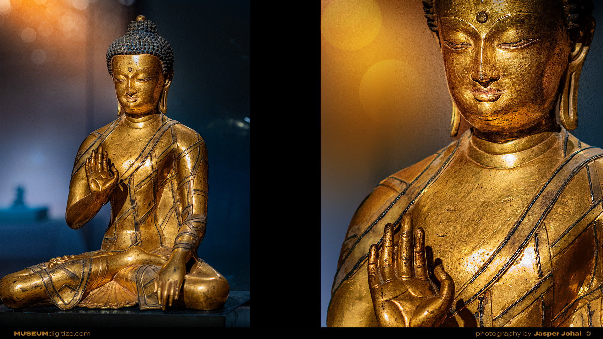 Seated Buddha, Tibet, 15th century, Gilt bronze with silver inlay