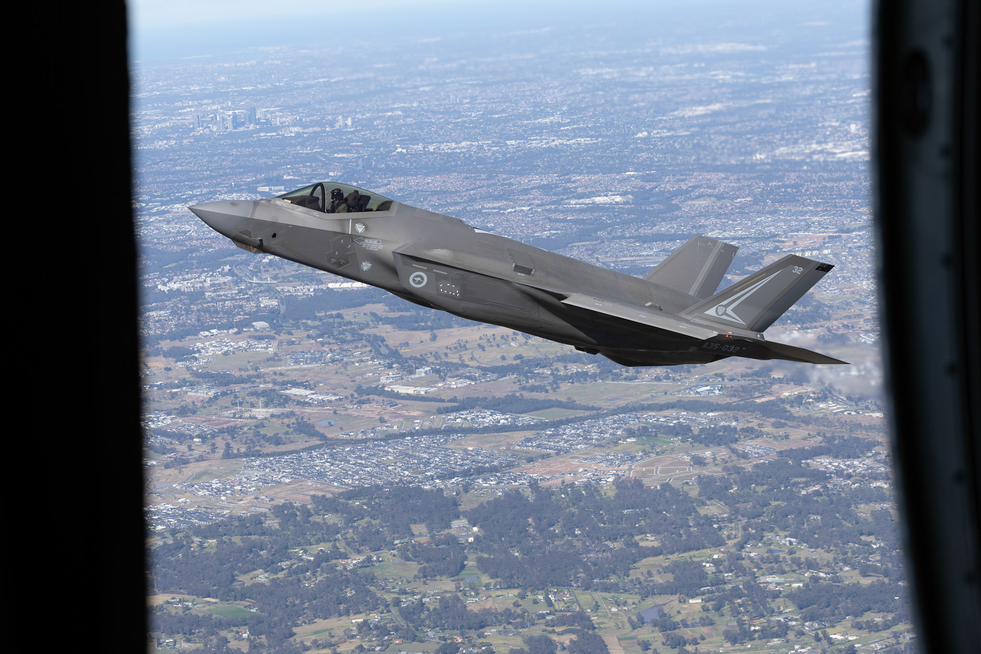 A Royal Australian Air Force F-35A Lightning II aircraft from No 2 Operational Conversion Unit conducts a flight over the Hawkesbury, NSW.