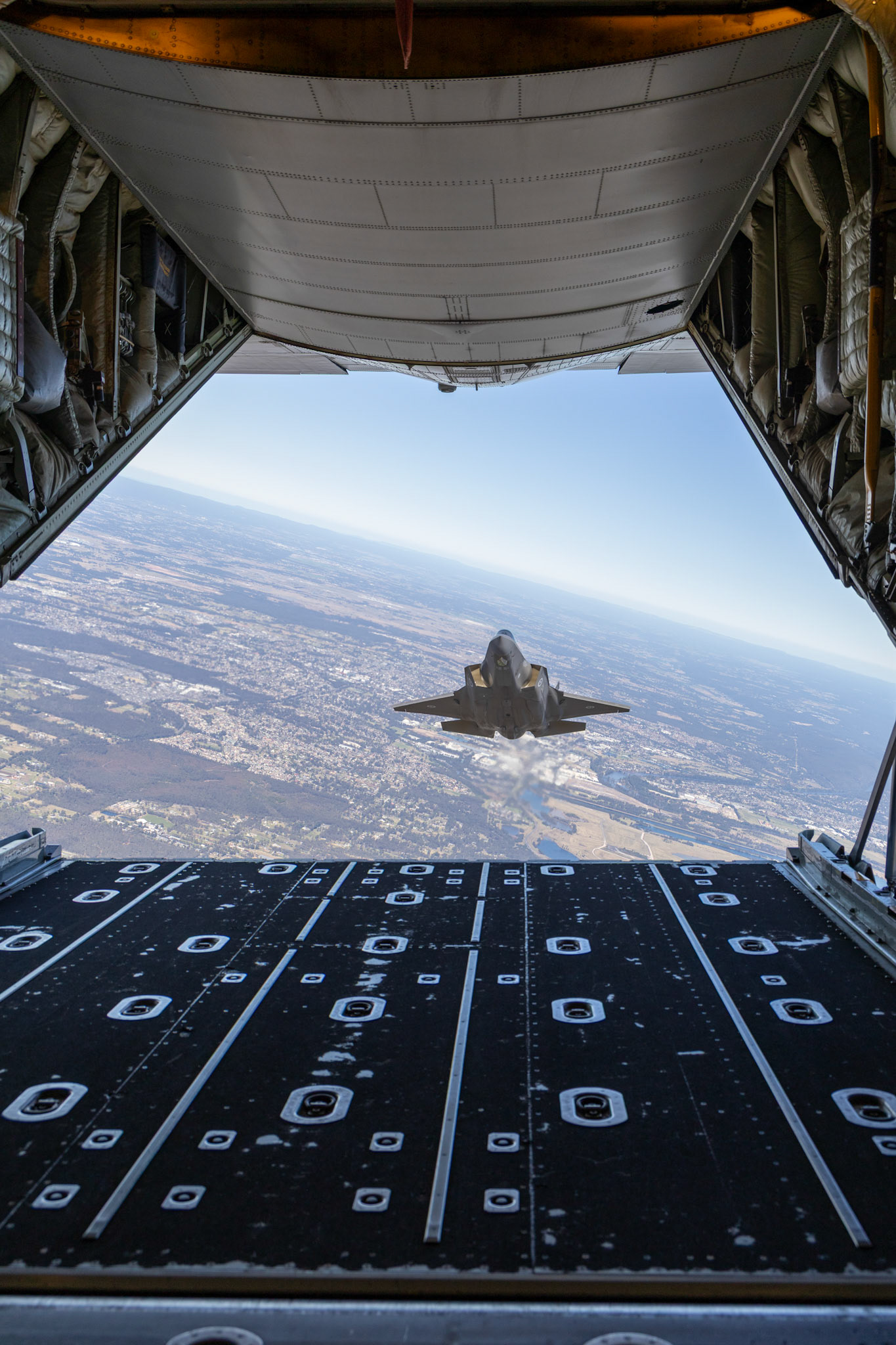 A Royal Australian Air Force F-35A Lightning II aircraft from No 2 Operational Conversion Unit conducts a flight over the Hawkesbury, NSW.