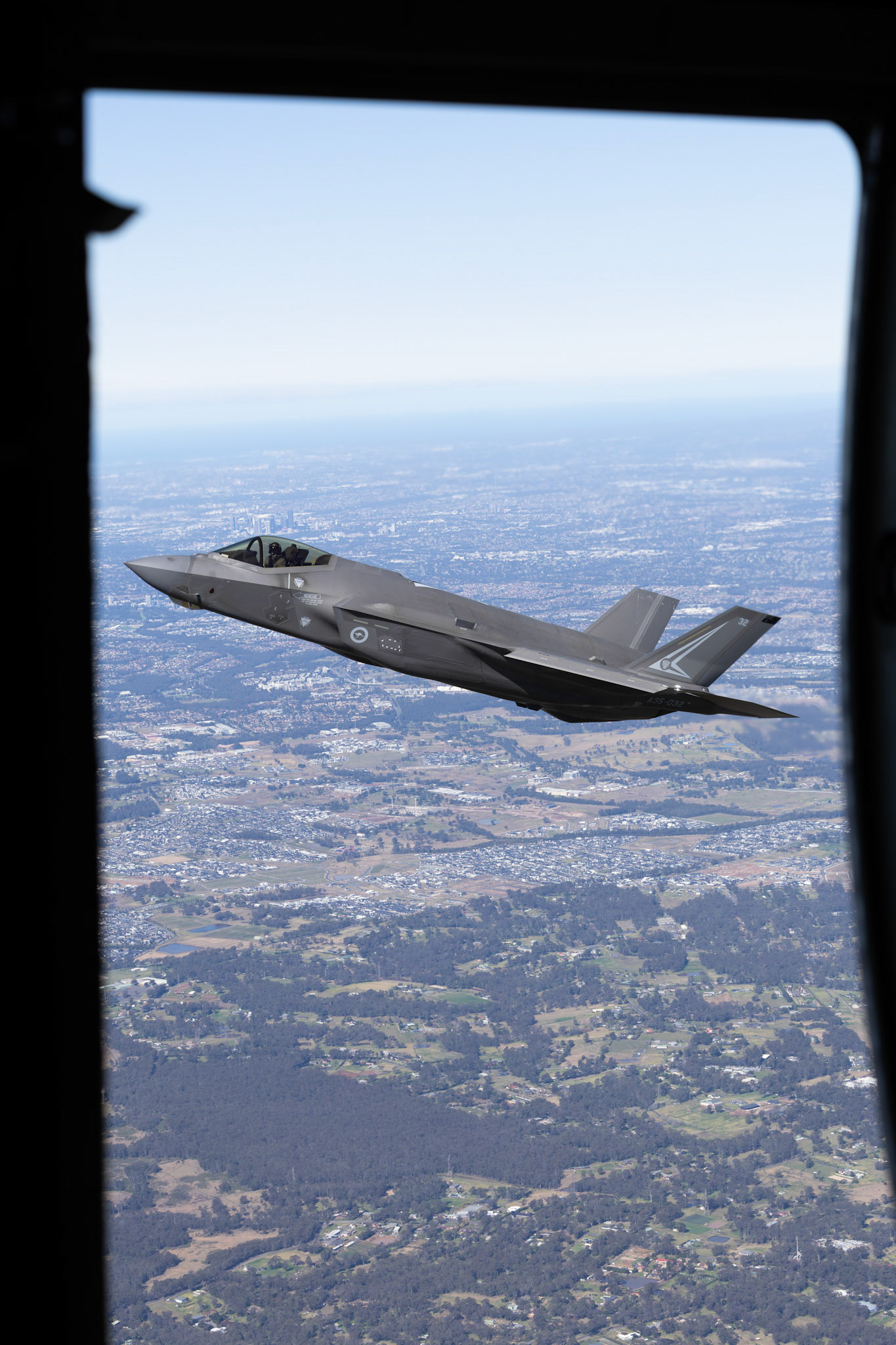 A Royal Australian Air Force F-35A Lightning II aircraft from No 2 Operational Conversion Unit conducts a flight over the Hawkesbury, NSW.