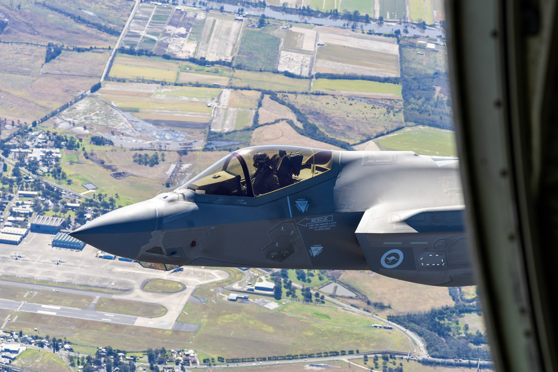 A Royal Australian Air Force F-35A Lightning II aircraft from No 2 Operational Conversion Unit conducts a flight over the Hawkesbury, NSW.