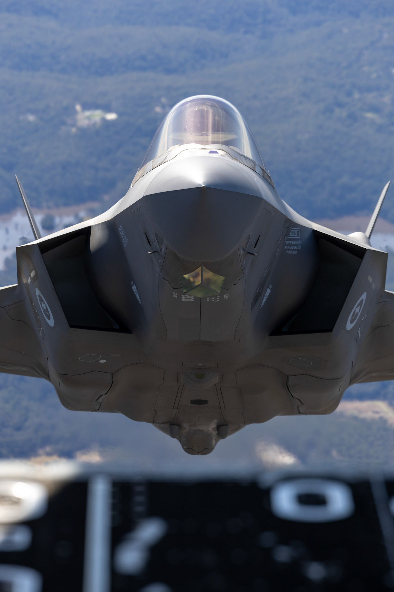 A Royal Australian Air Force F-35A Lightning II aircraft from No 2 Operational Conversion Unit conducts a flight over the Hawkesbury, NSW.
