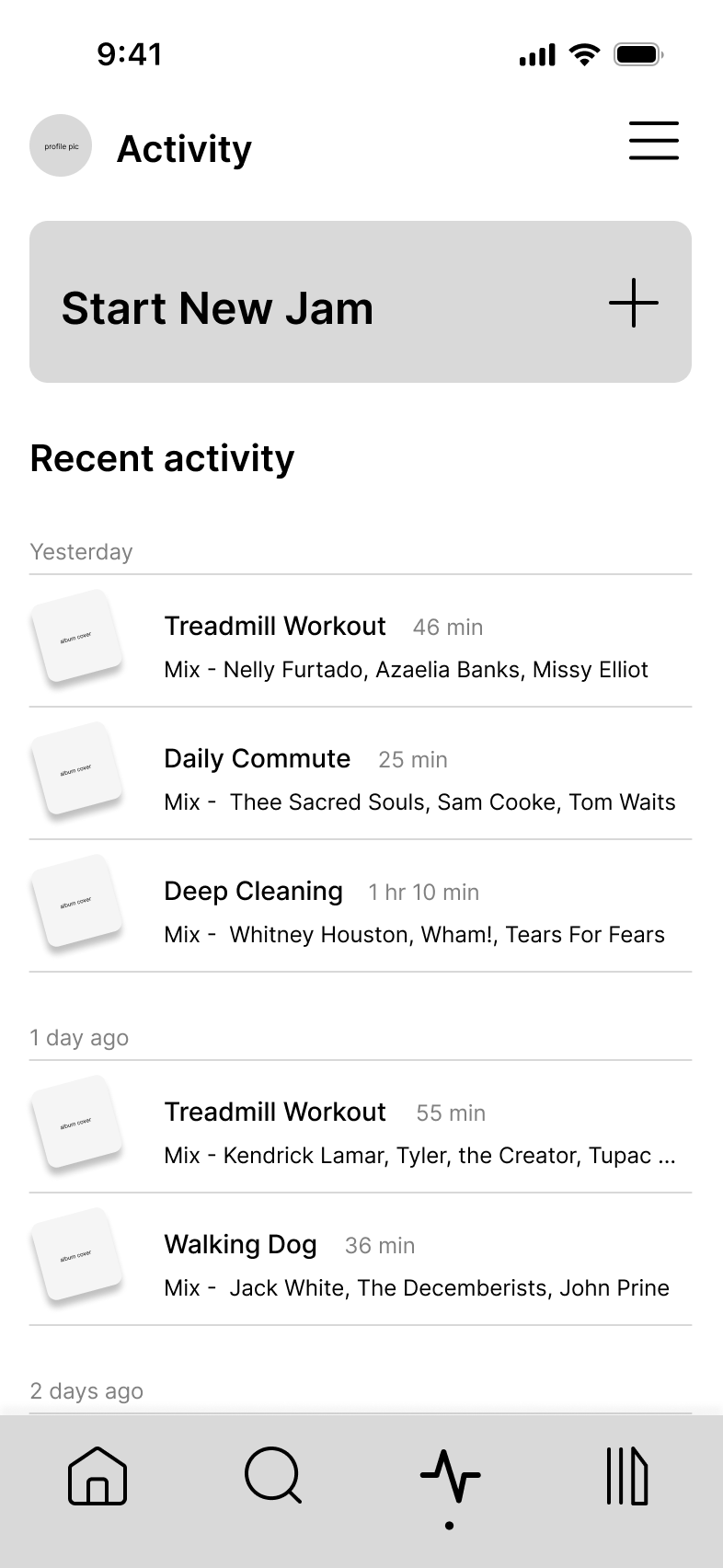 Activity tab wireframe