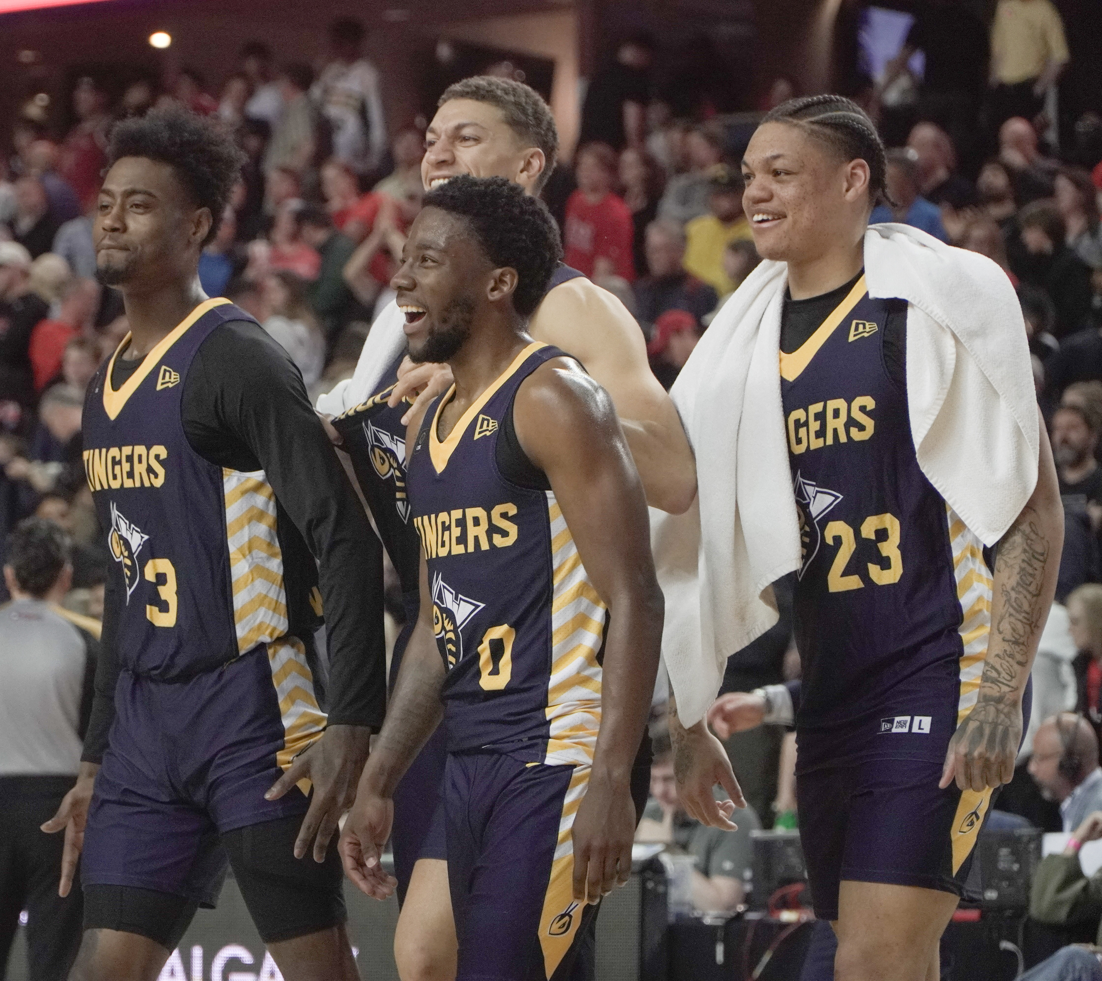 The Edmonton Stingers celebrate their first win of the season beating the Calgary Surge 97-79 on May 21, 2024 (Photo by Josiah Navratil/The Press)