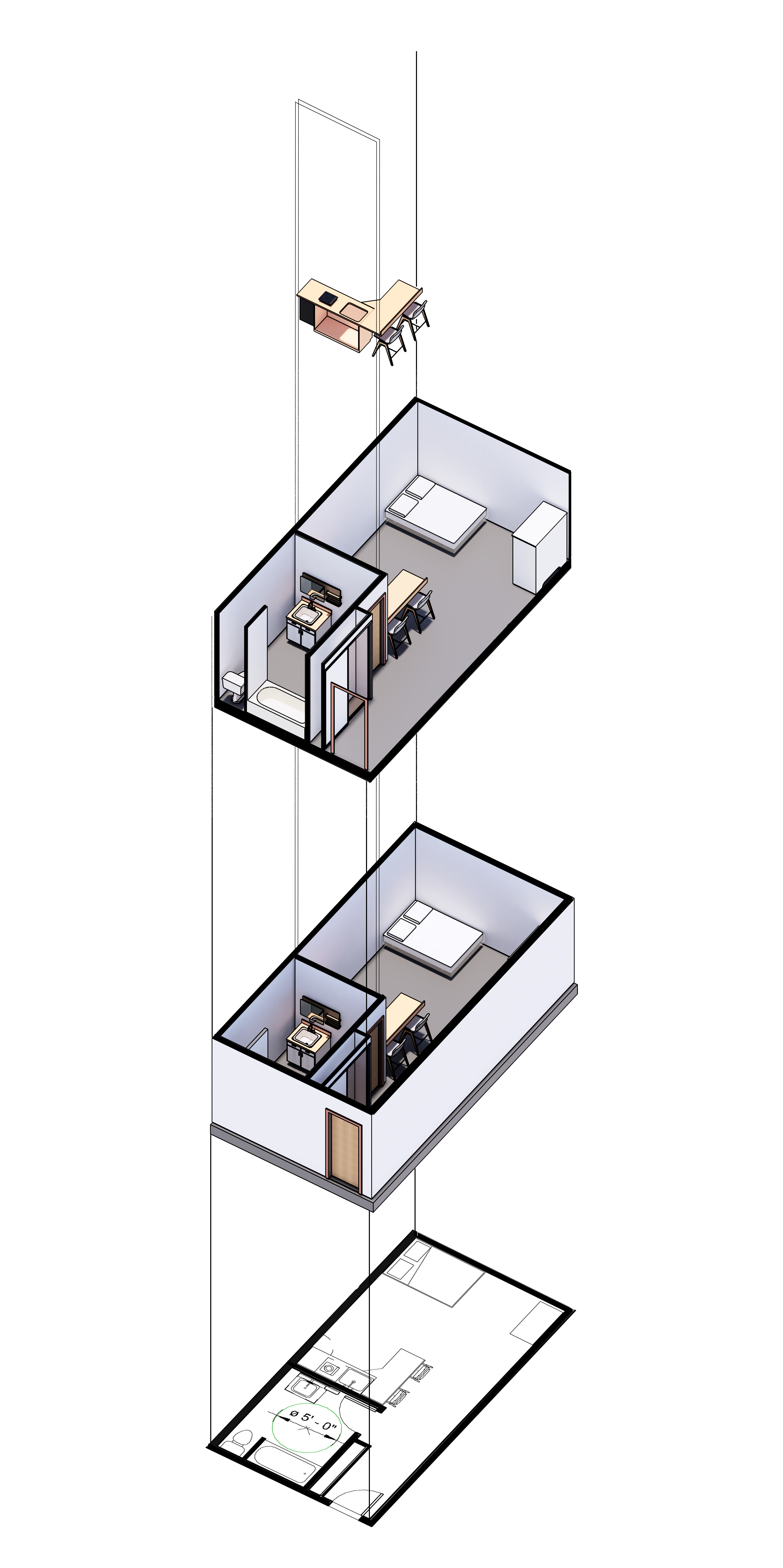 350 Sq Ft Unit Basic Exploded Axon View 