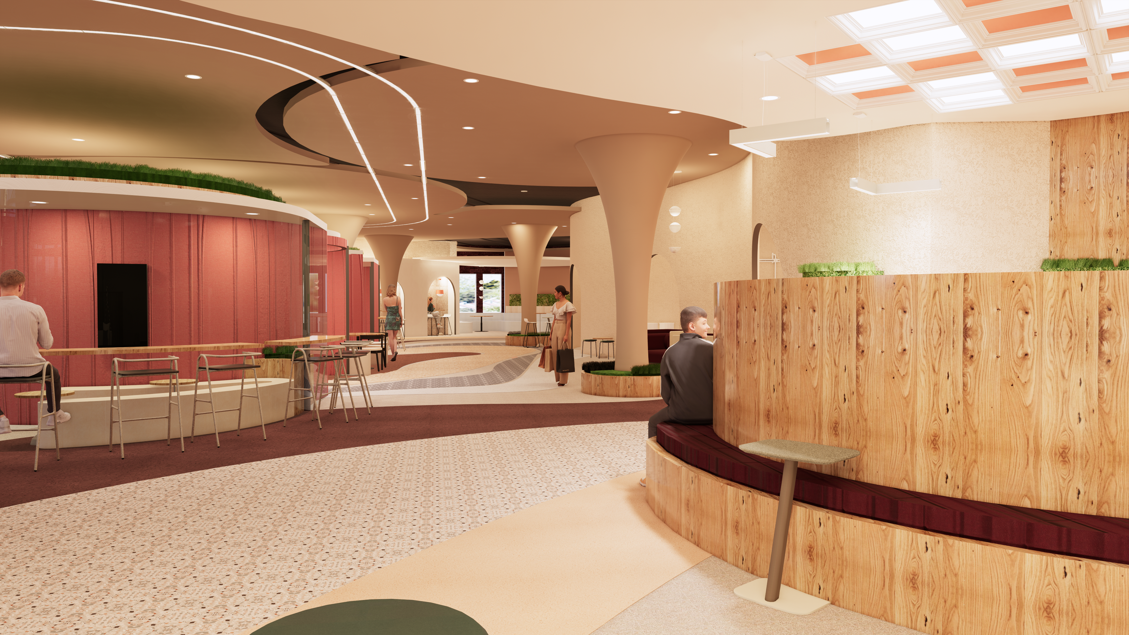 View of Cafe Space Built in Seating Elements