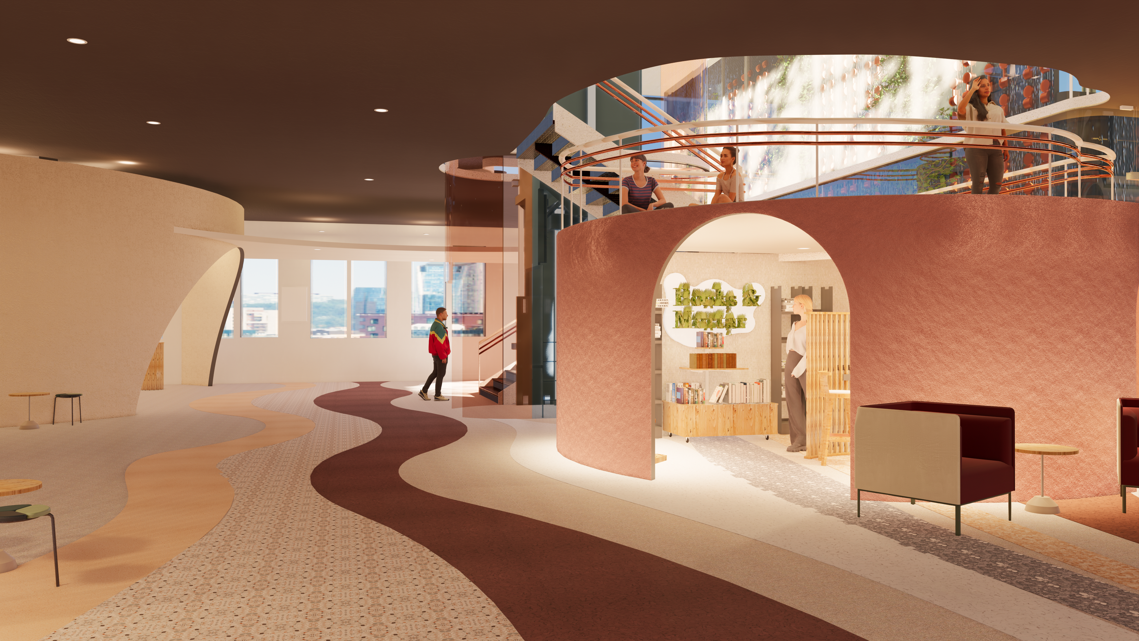 View of Local Shop and Interior Balcony overlooking Cafe, Facing North 