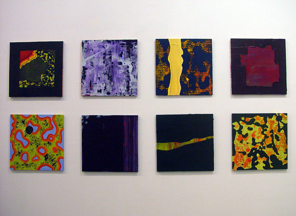8 artworks. Untitled,  mixed media on wood panel, 30 x 30 cm. each. 2004.
