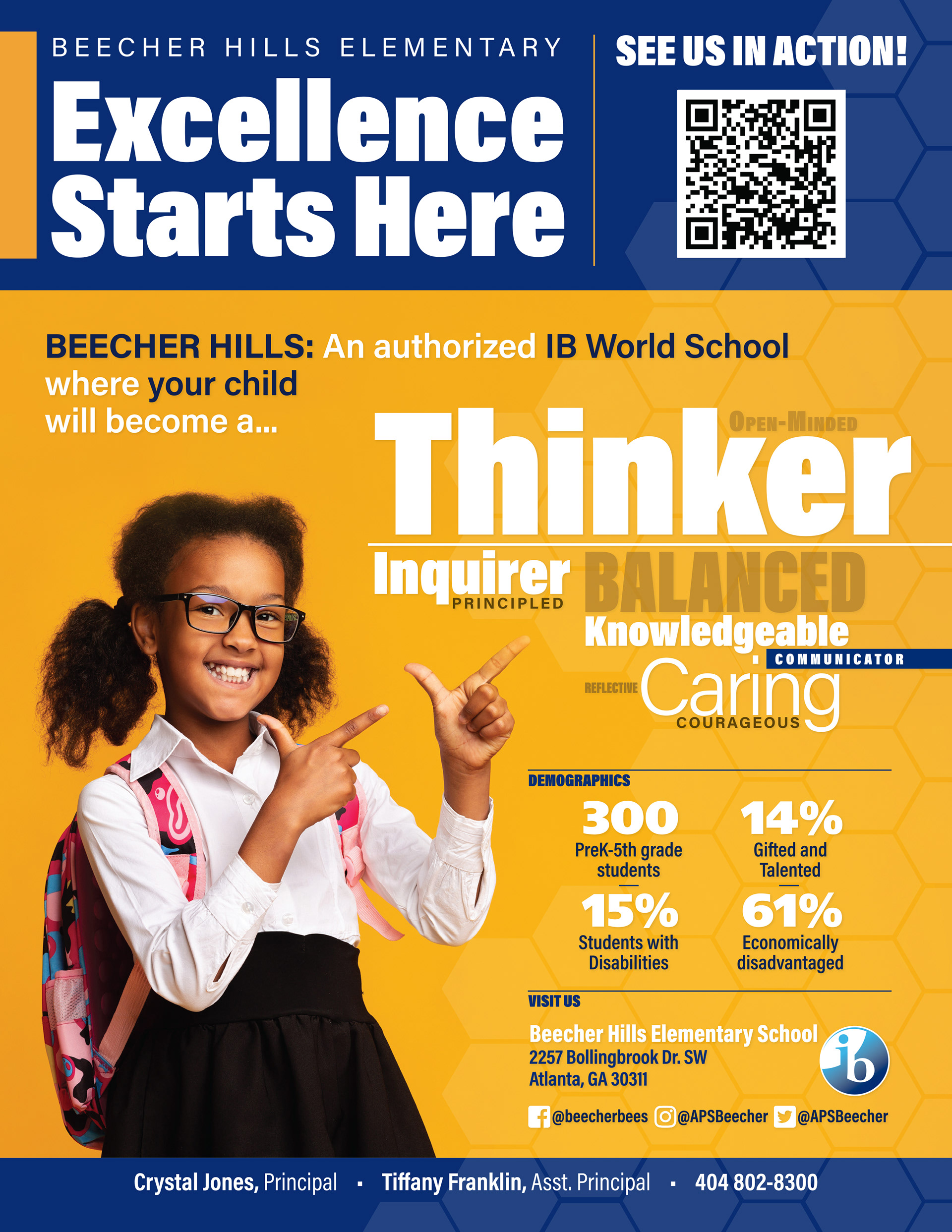 African-American elementary-aged student pointing at the IB Learner profile for Beecher Hills Elementary. The document highlights school and student data. 