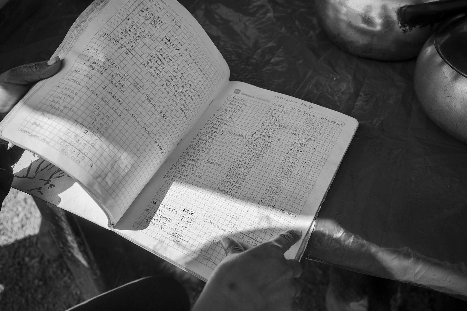 Roseana's notebook with the names of neighbors who come to the olla común.