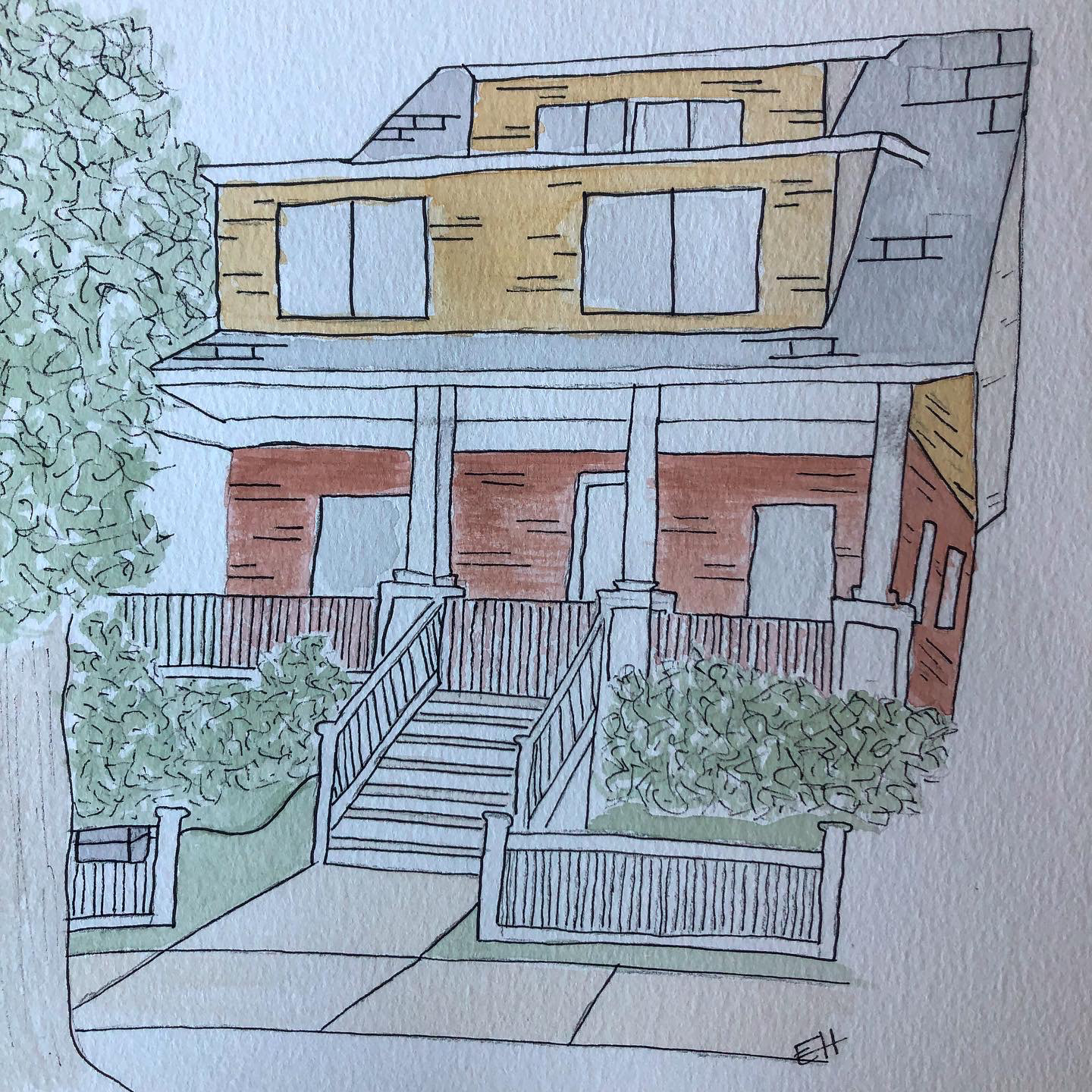 Final watercolor house portrait.