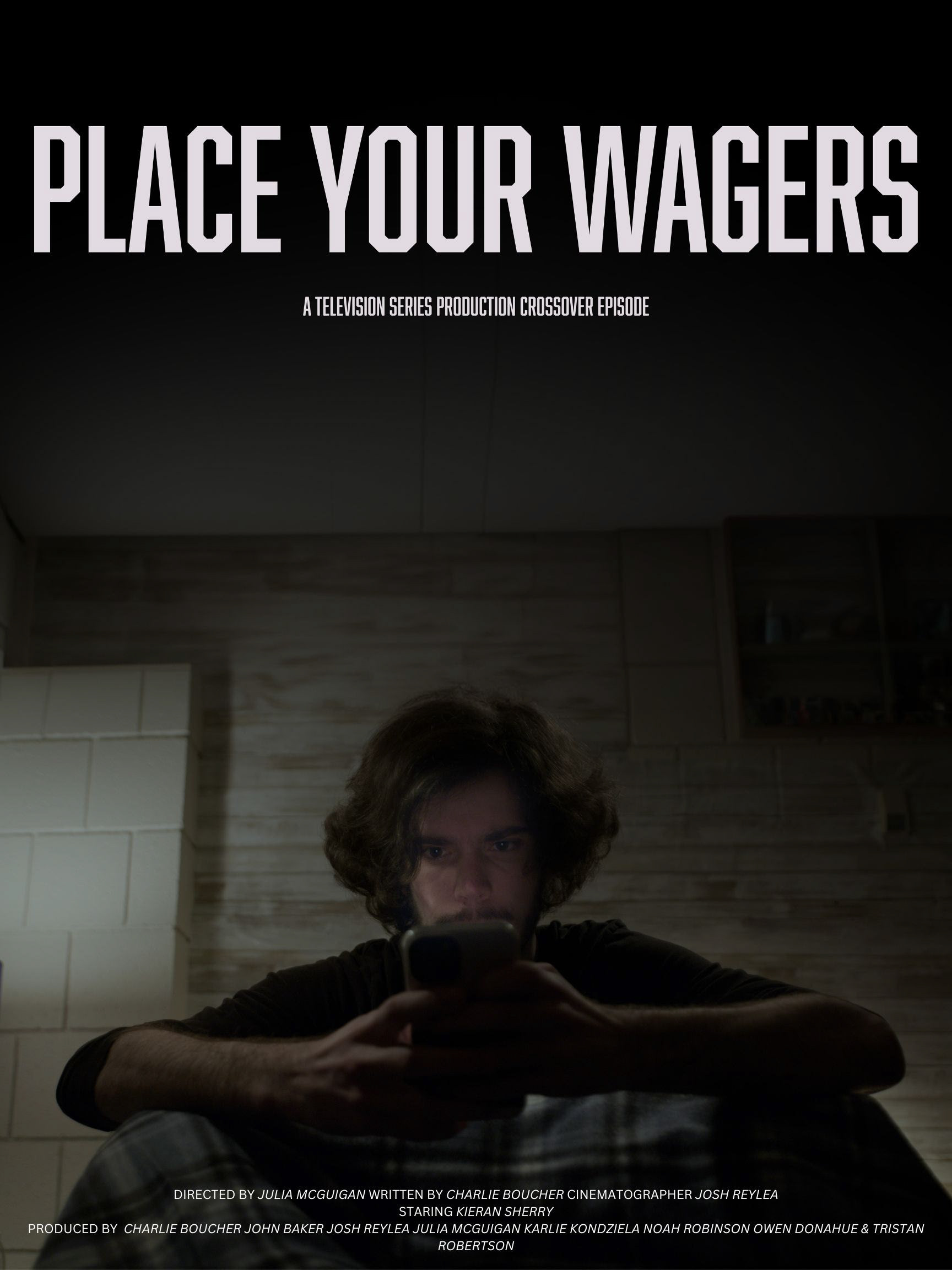 Man on his phone below the title "PLACE YOUR WAGERS"