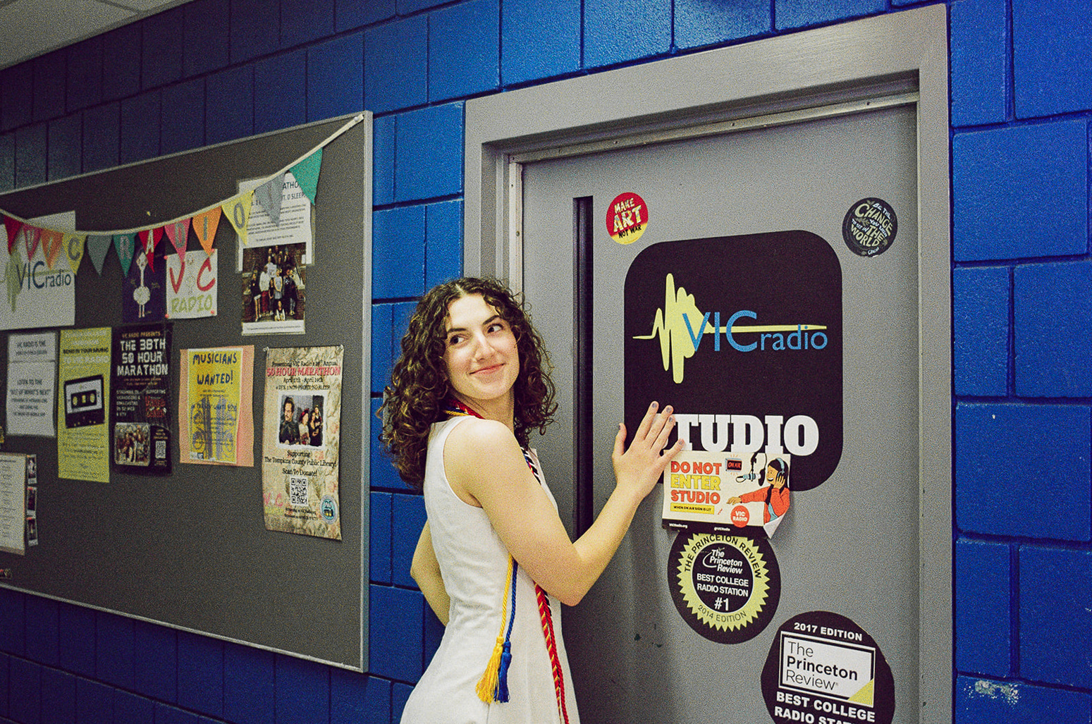 Julia McGuigan outside VIC Radio station door