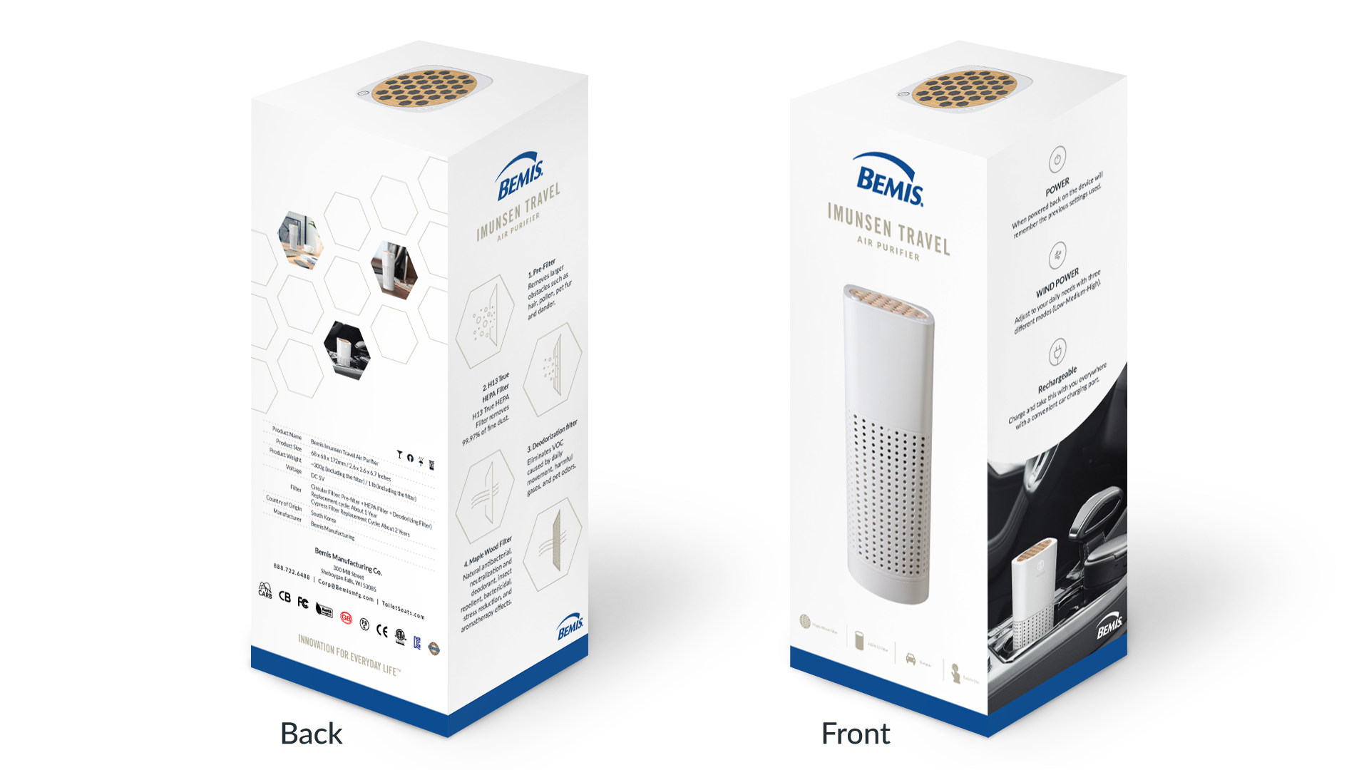 This is a box design for the smallest travel size Air Purifier. This is meant to go in the car, or other small spaces. This design is meant to go in stores, so there is enough information on the box for consumers to make an educated decision. 