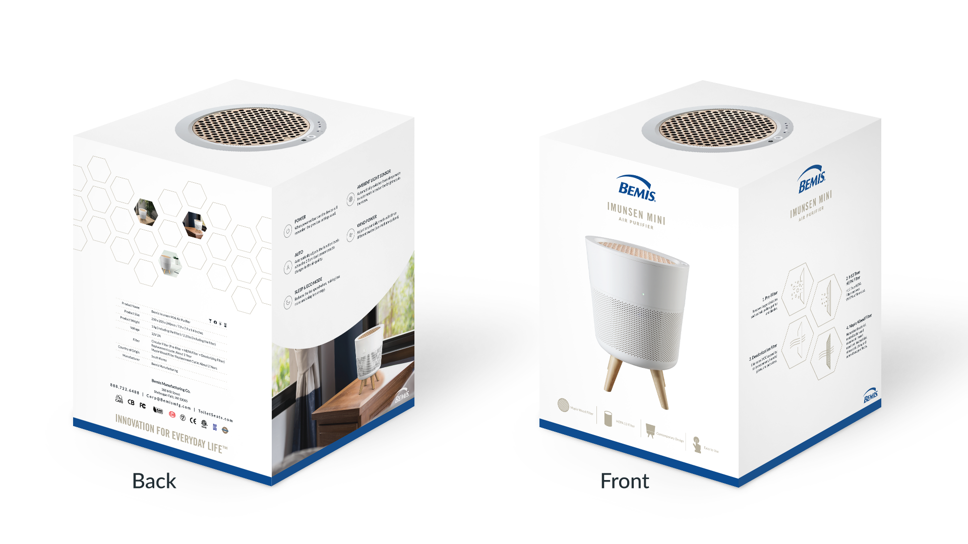 This is the box design for the medium sized Air Purifier. This is meant to go in smaller rooms such as a bedroom. This design is meant to go in stores, so there is enough information on the box for consumers to make an educated decision. 