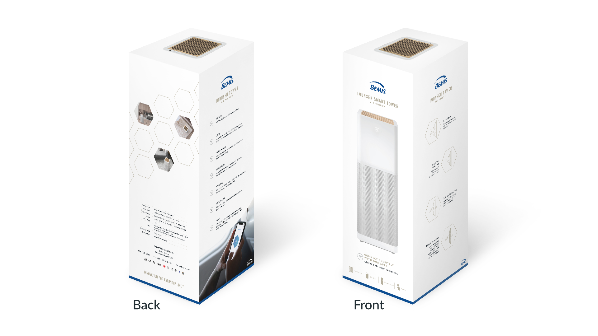 This is a box design for the largest sized Air Purifier. This is meant to go in larger rooms and spaces. This design is meant to go in stores, so there is enough information on the box for consumers to make an educated decision. 