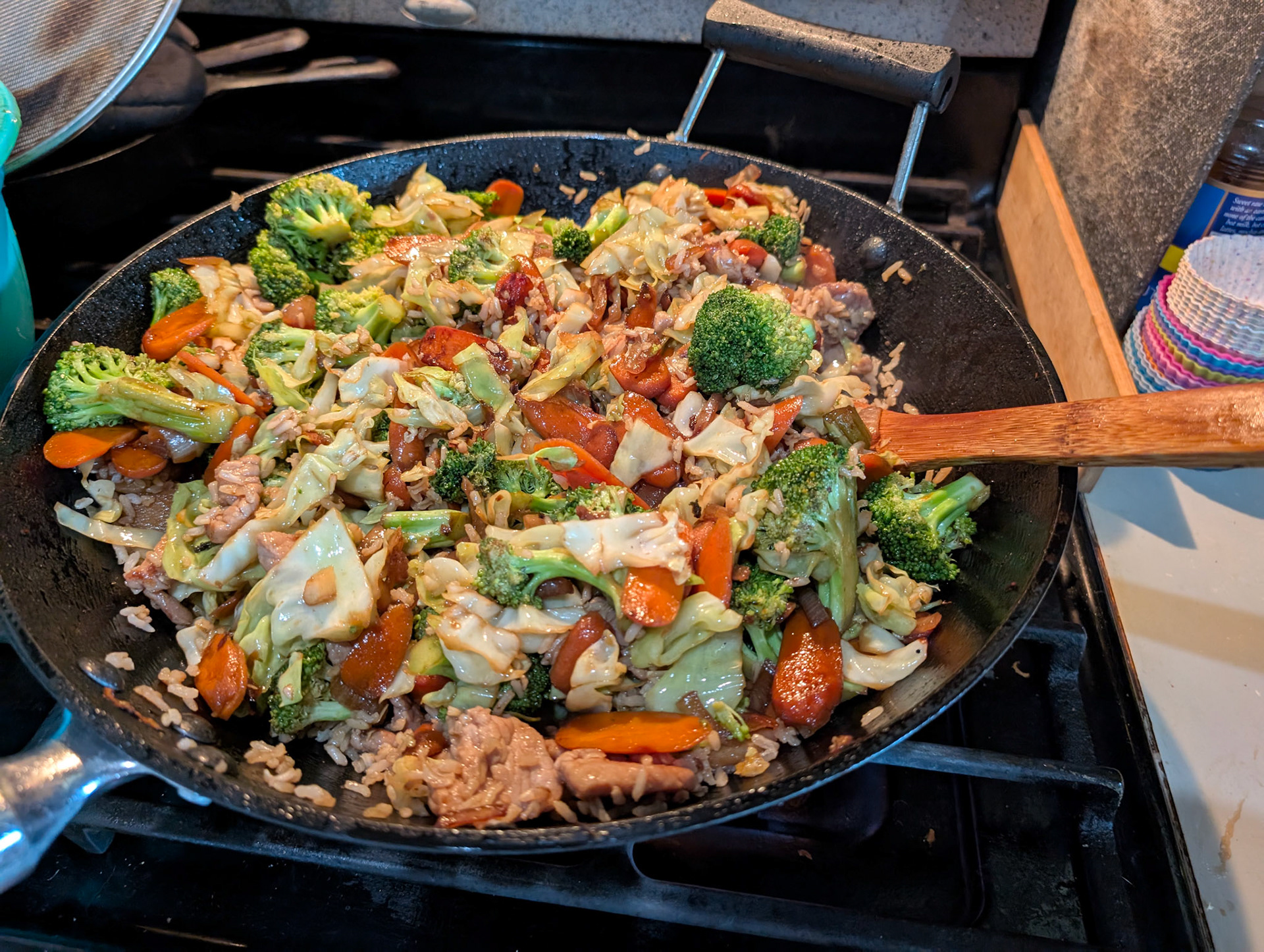 Our first stir fry in the new cast iron wok