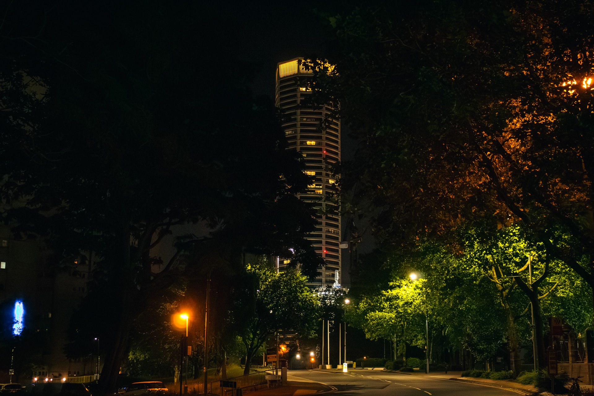 A photo of the octagon building with trees on the left and right side of the screen.