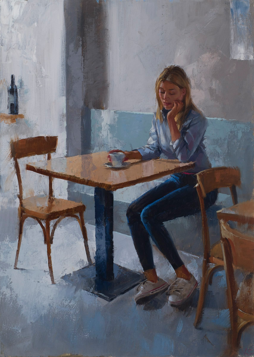 Bar szene / Frau mit Kaffee, 70x50cm