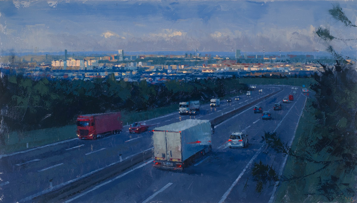 A21 bei Sonnenuntergang, 2022, 80 x 140 cm