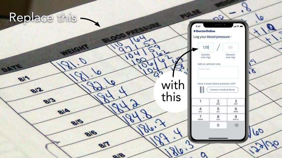 iPhone screen shows a way to log blood pressure readings as a way to replace pen and paper logs.