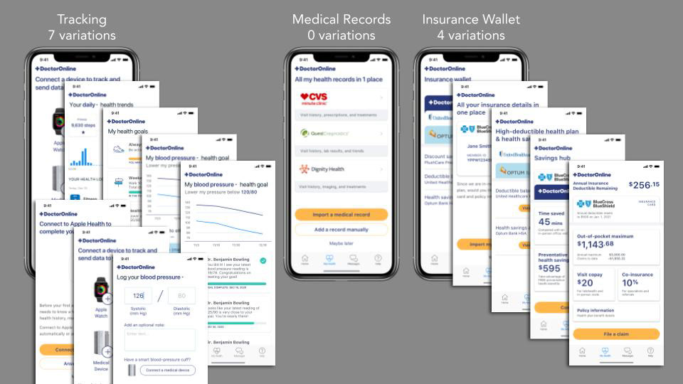 Mockups depicting variations of the 3 themes of medical records, tracking, and insurance wallet.