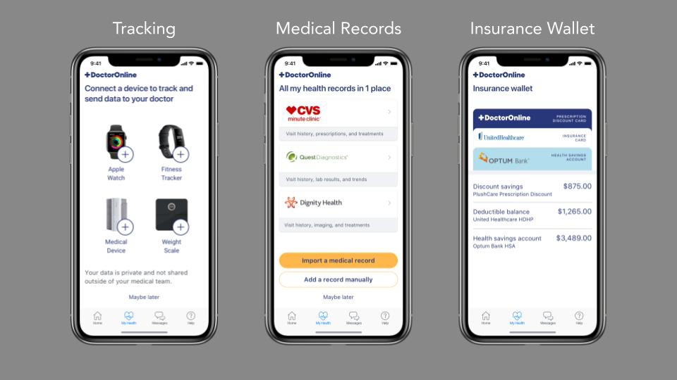 Mockups in iPhone frames depicting the 3 themes of medical records, tracking, and insurance wallet.