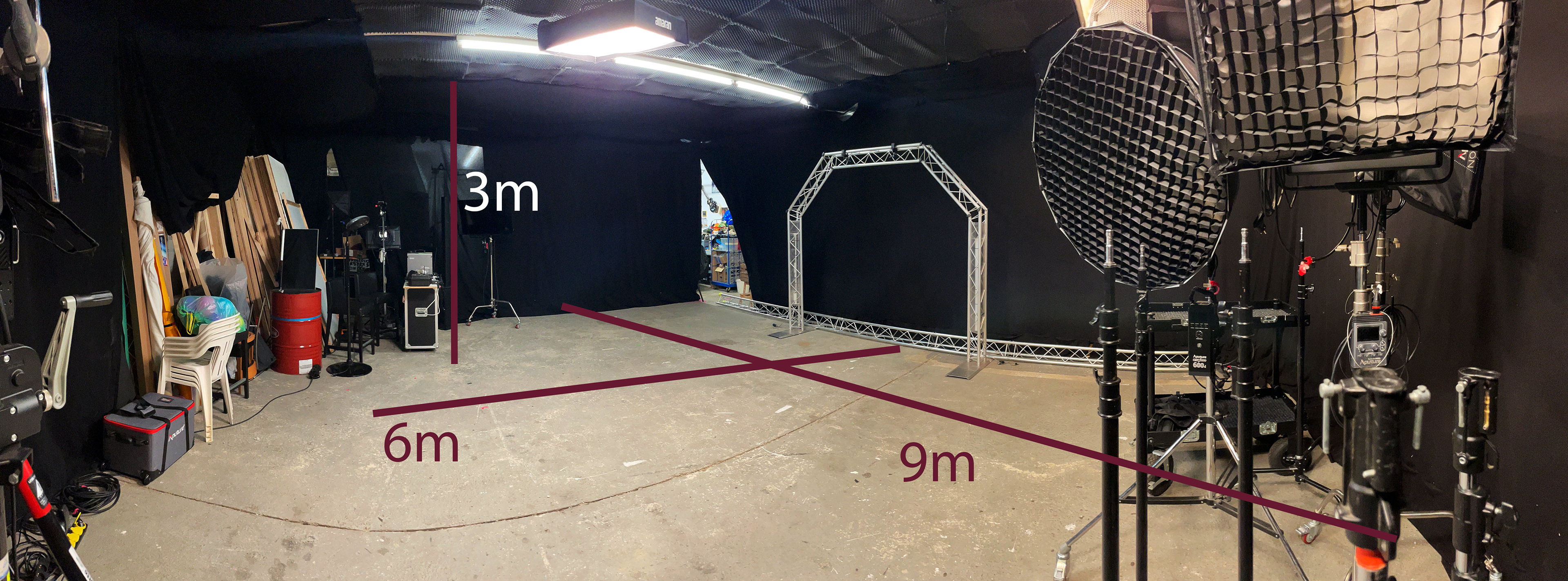 Panorama-Grundriss des filmofaktur Musikvideostudios in Euskirchen bei Köln mit eingezeichneten Maßen 9x6 Meter und 3 Meter Deckenhöhe. Schwarze Blackbox für Low-Budget-Musikvideos, Bands und Performance-Drehs.