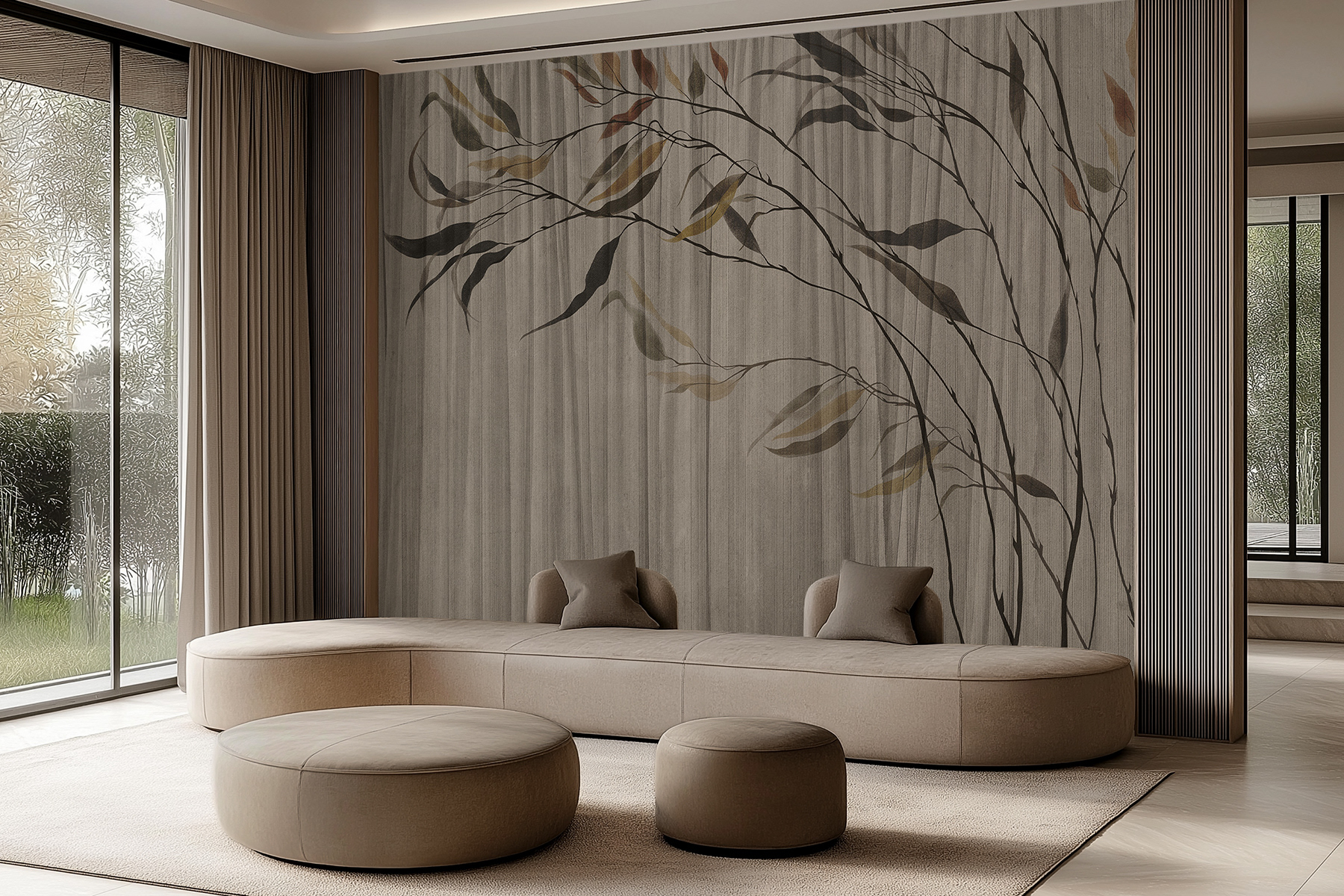 Lorenso Sway wallpaper with fine branch and leaf design on a vertically textured background.