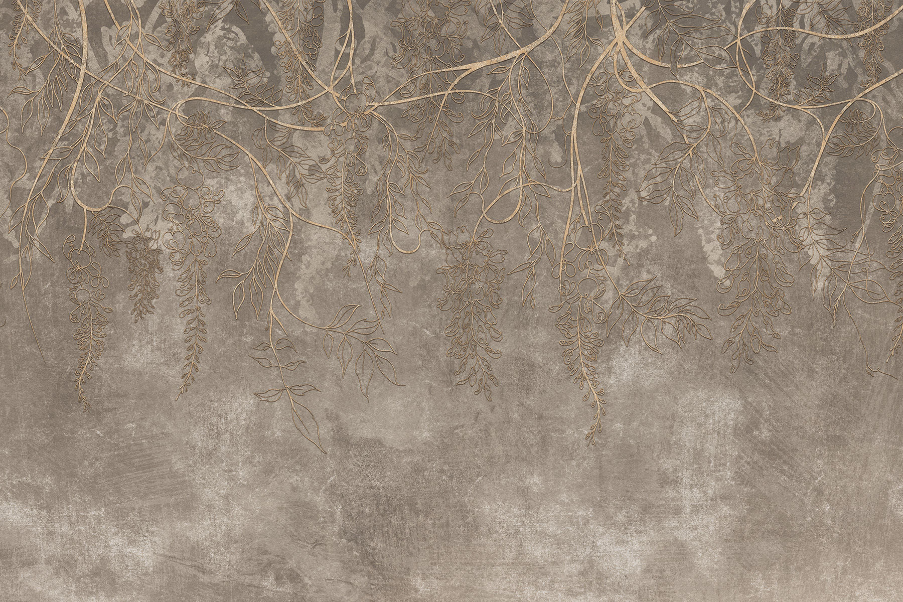 Detail of Lorenso Lumora wallpaper with delicate botanical pattern and golden lines.