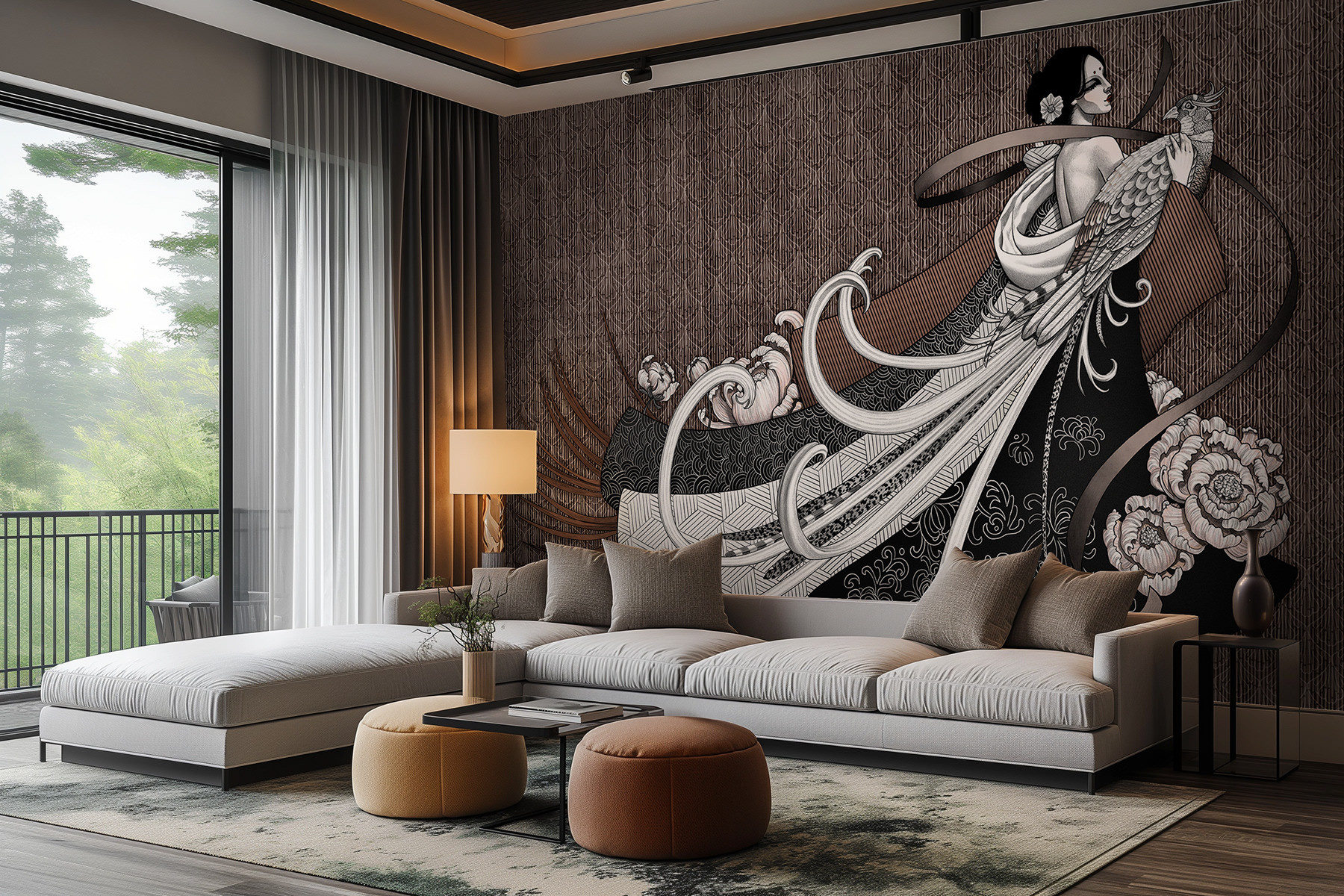 Art-inspired wallpaper Lorenso Hanzi depicting an elegant woman with floral details, luxury wallcovering for interiors.