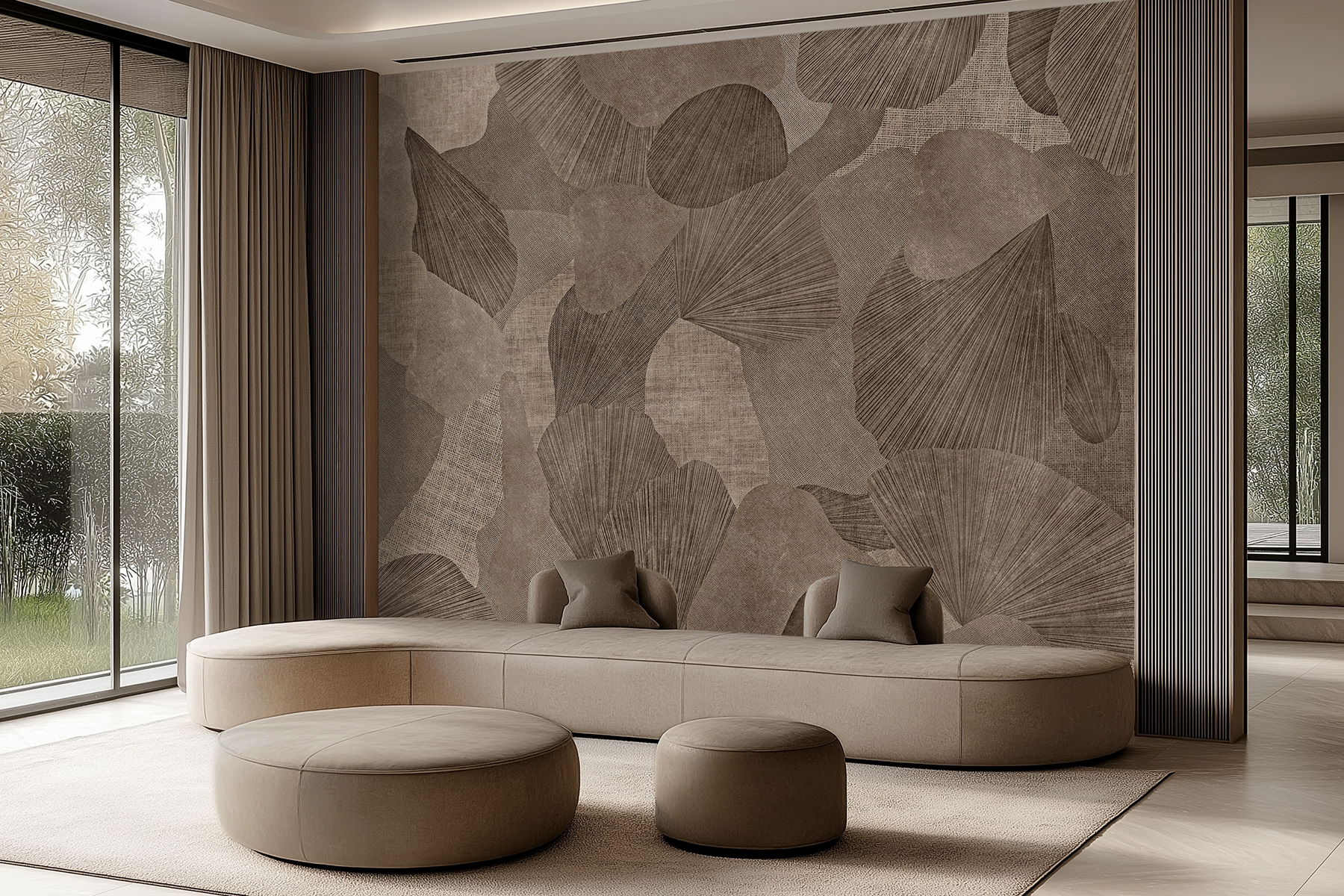 Lorenso Brisel wallpaper with graphic ginkgo leaf design in earthy natural colors.