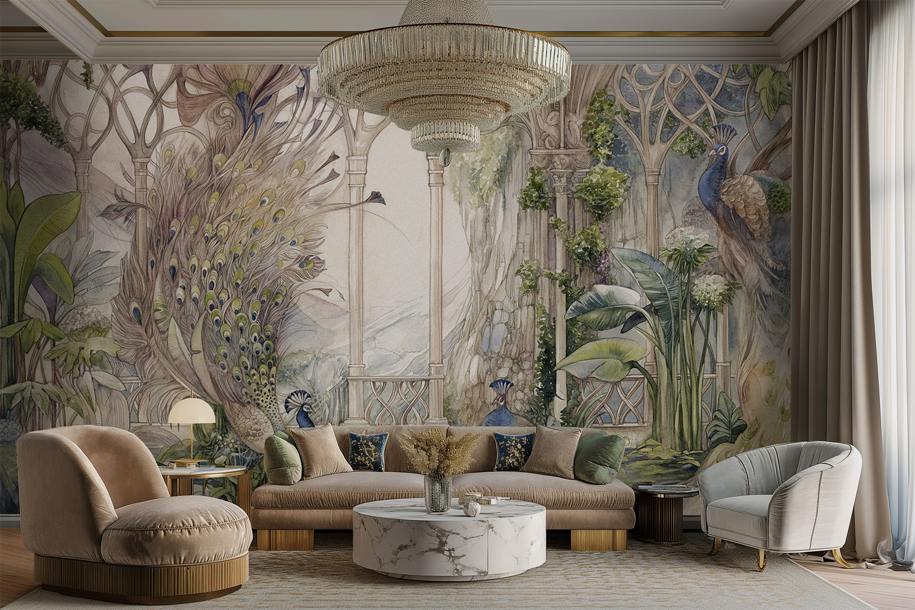 Artist-designed wallpaper Lorenso Loris with peacock motif and gothic arches, luxury vinyl wallcovering for interiors.