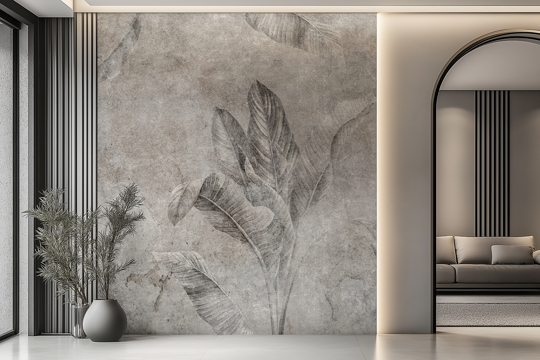Lorenso Haze wallpaper with a subtle botanical leaf pattern in muted beige‑grey tones.