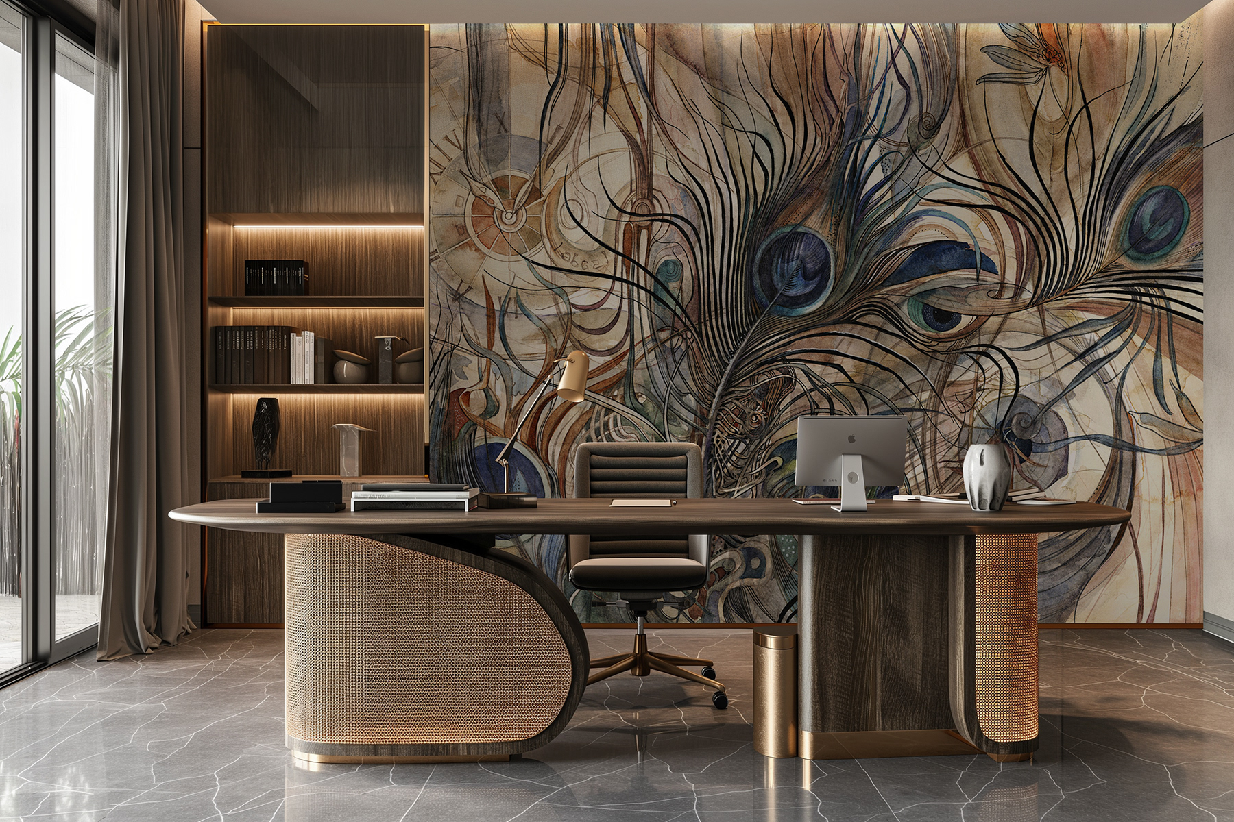 Original wallpaper Lorenso Pavon with detailed peacock feather pattern, artistic wall design for living spaces.