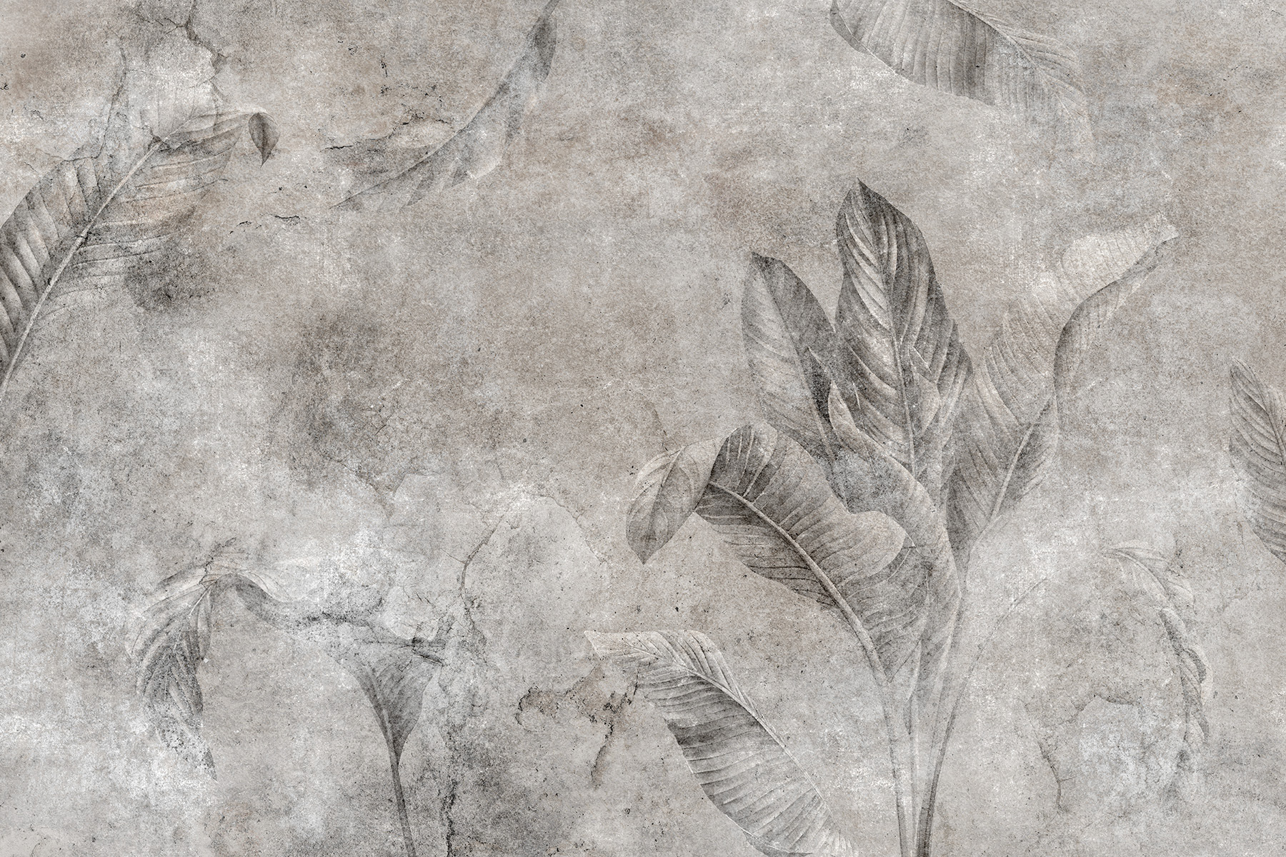Lorenso Haze wallpaper with a subtle botanical leaf pattern in muted beige‑grey tones.