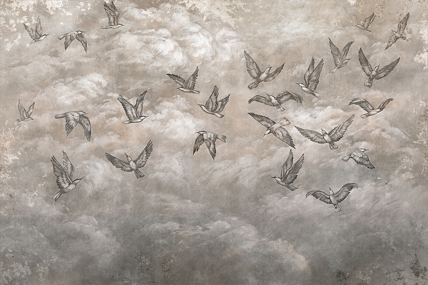 Decorative wallpaper Lorenso Avian featuring a flock of birds in a cloudy sky, artist-designed wall mural.