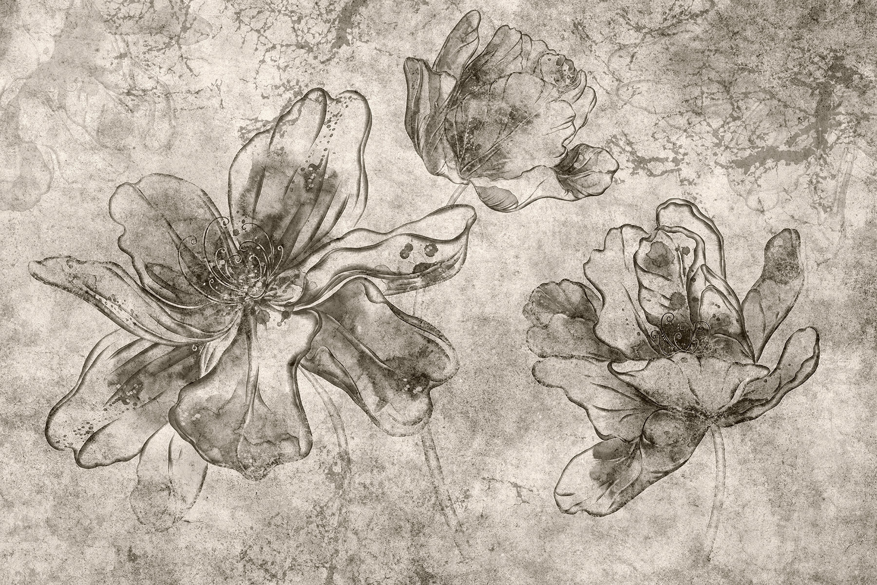 Detail of Lorenso Rosy wallpaper with hand‑drawn flowers on a concrete‑effect background.