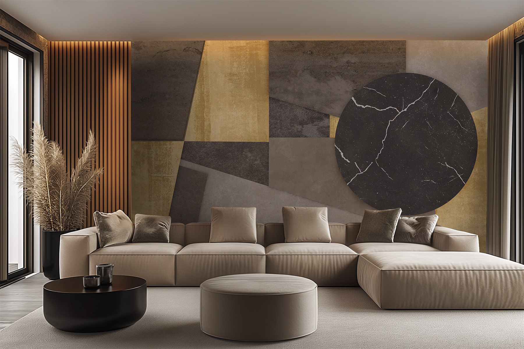 Geometric wallpaper Lorenso Tessimo with stone textures and gold accents, modern luxury wallcovering.