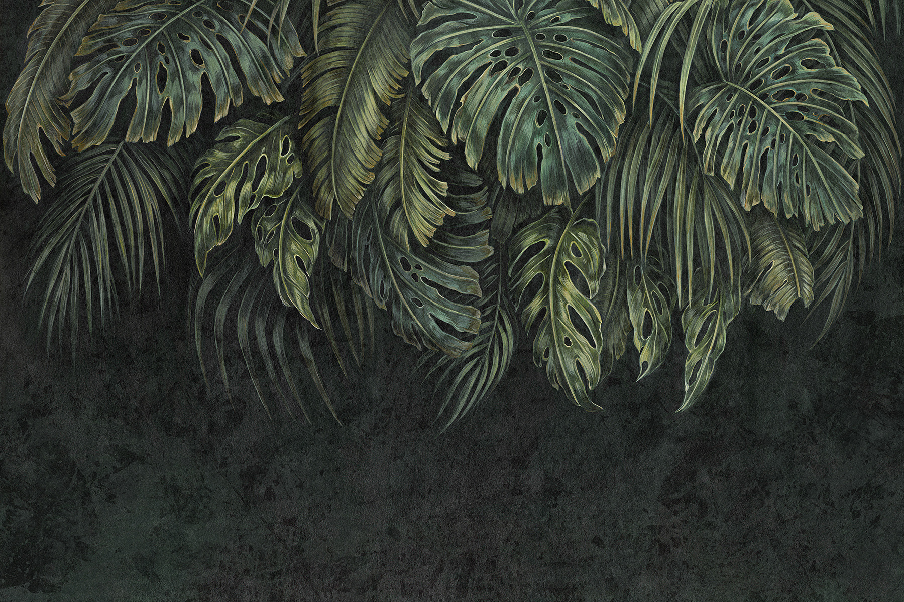 Botanical wallpaper Lorenso Botany with realistic monstera leaves on a deep green background, designer wallcovering.