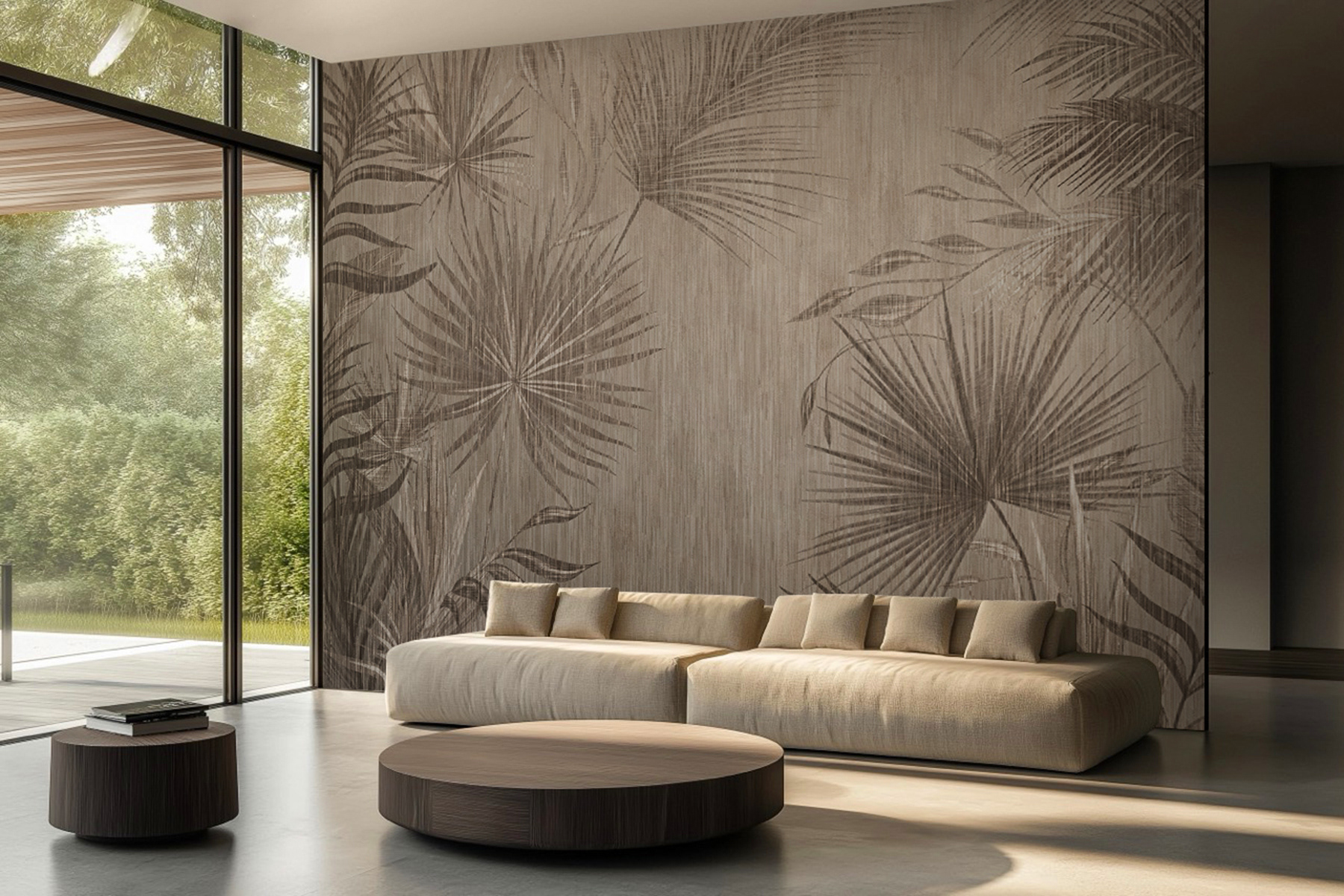 Lorenso Quenil wallpaper with tropical palm leaf motif in soft brown‑beige tones on a textured background.