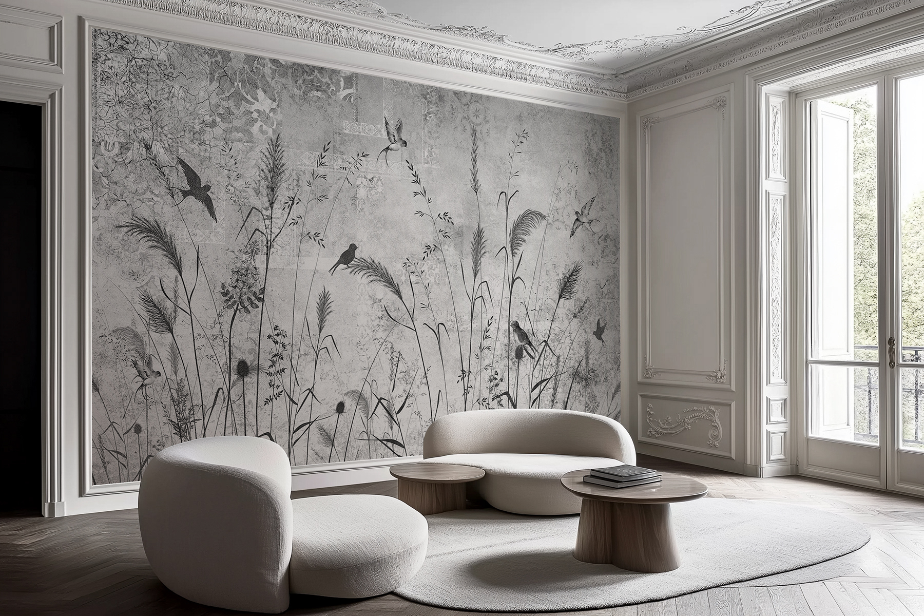 Lorenso wallpaper with delicate meadow grass and bird motif in black and white on a concrete‑effect background.