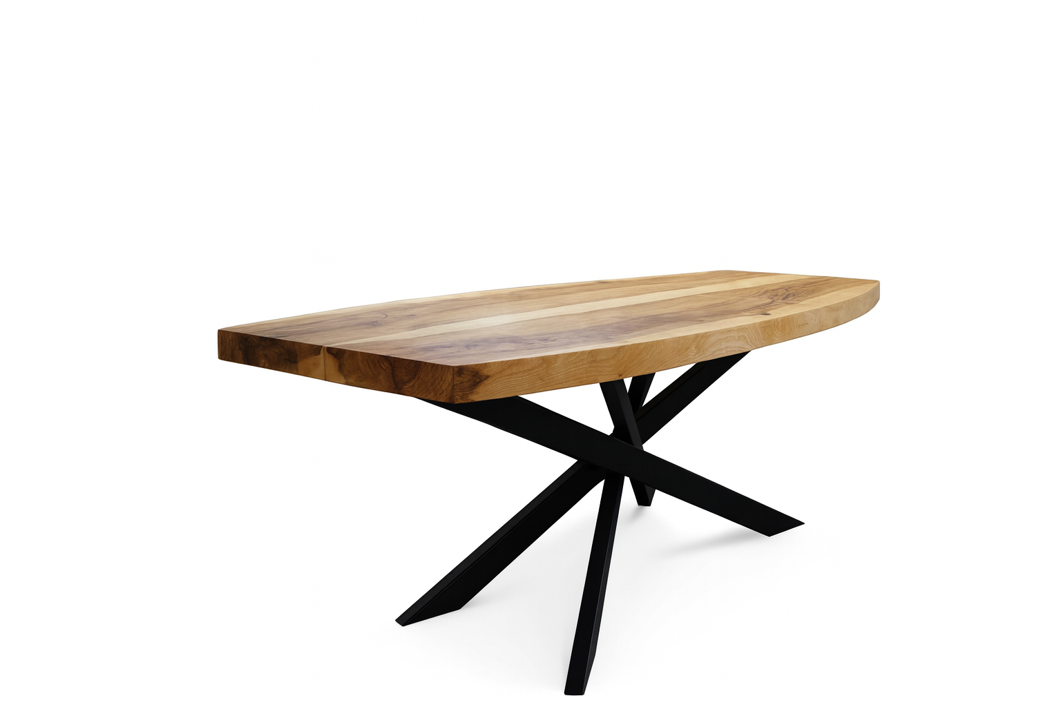 Oval ash dining table with black steel Mikado base.