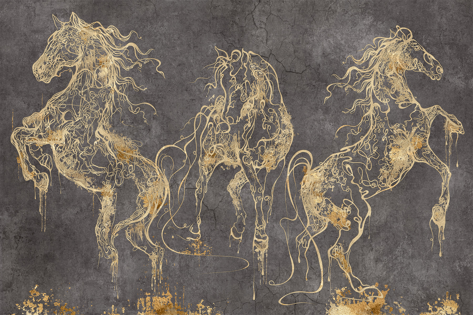 Dramatic wallpaper Lorenso Cavallo with golden horses on a dark textured background, artistic luxury wall mural.