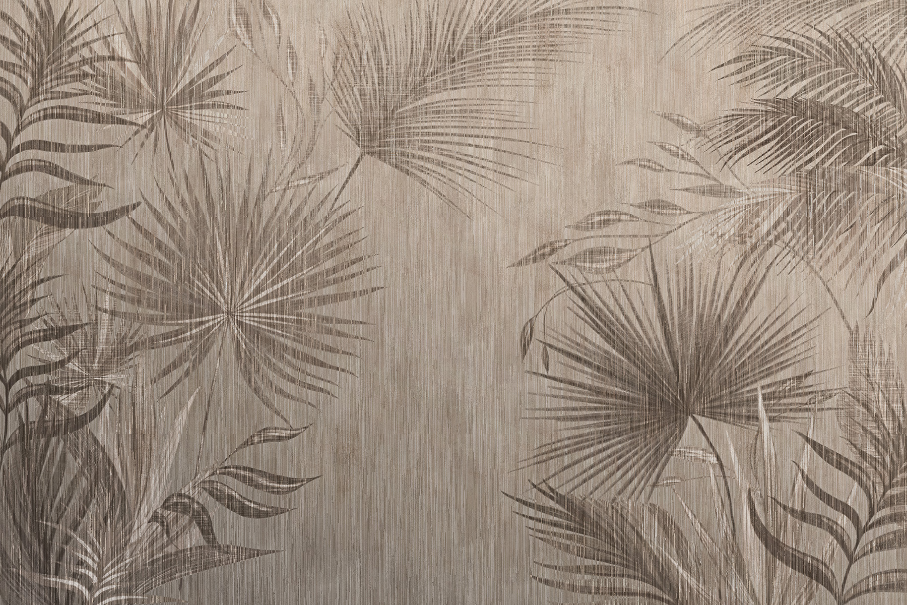 Lorenso Quenil wallpaper with tropical palm leaf motif in soft brown‑beige tones on a textured background.