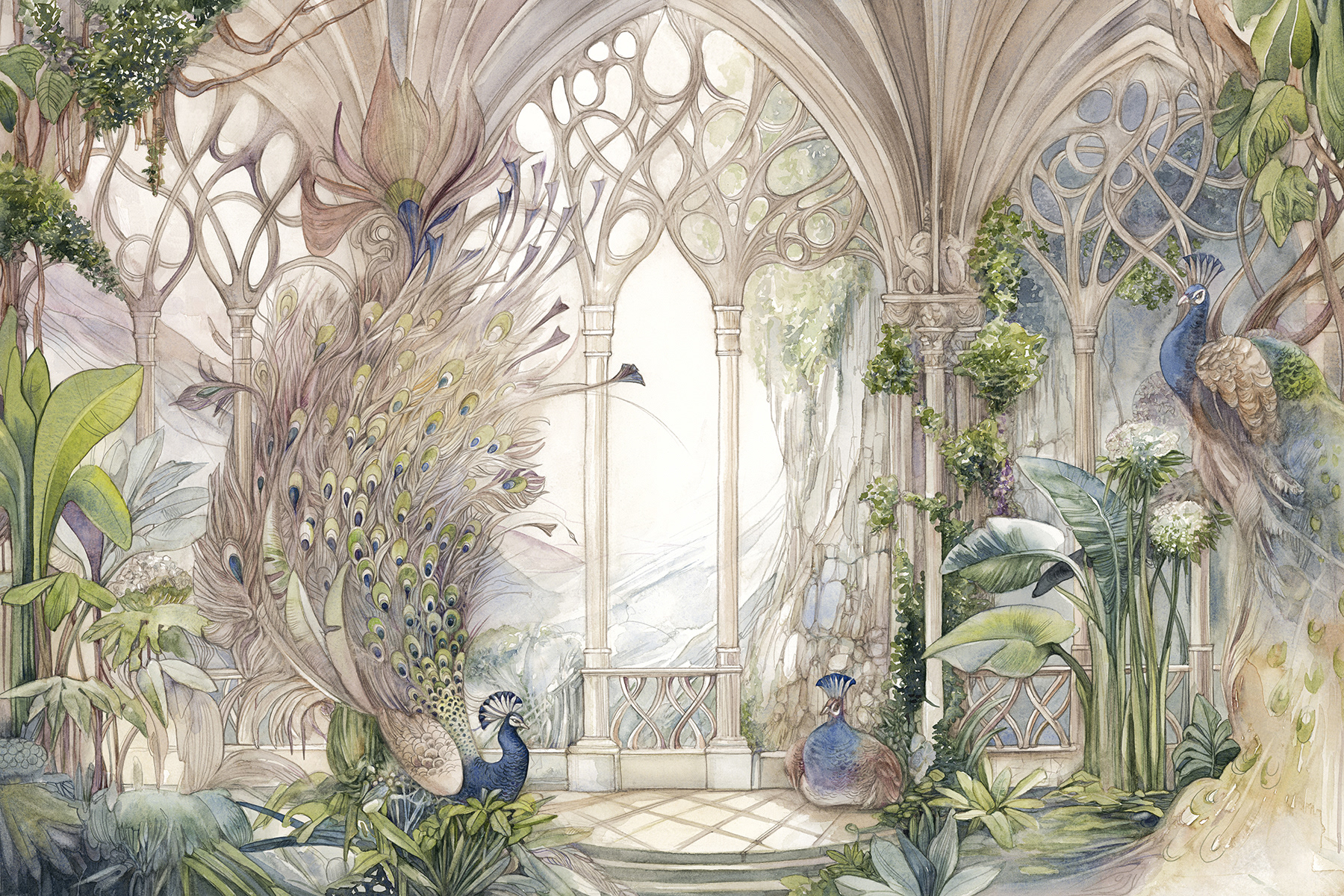 Artist-designed wallpaper Lorenso Loris with peacock motif and gothic arches, luxury vinyl wallcovering for interiors.