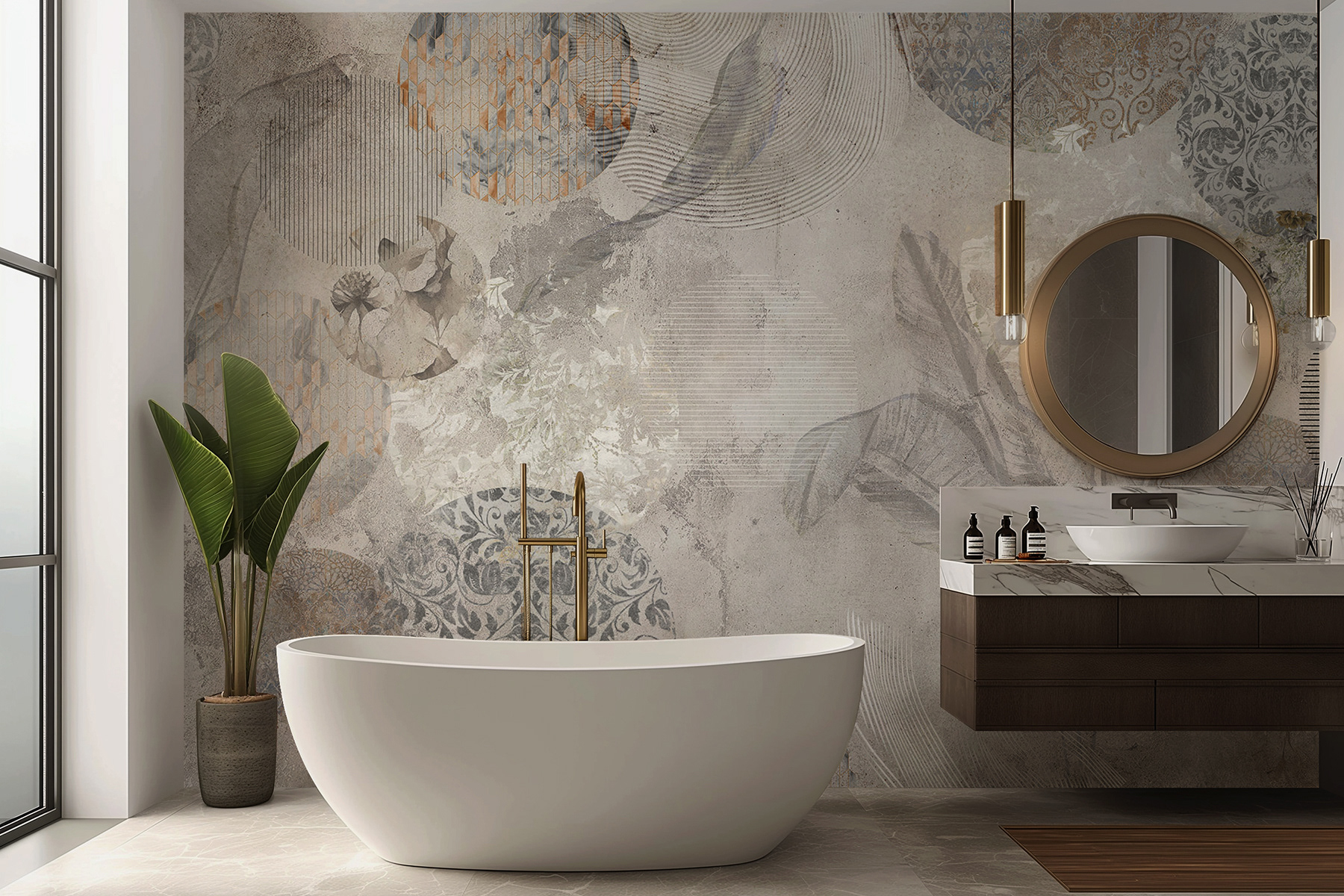 Abstract wallpaper Lorenso Cruzzo with circular patterns and botanical details in muted colors, luxury vinyl wallcovering.